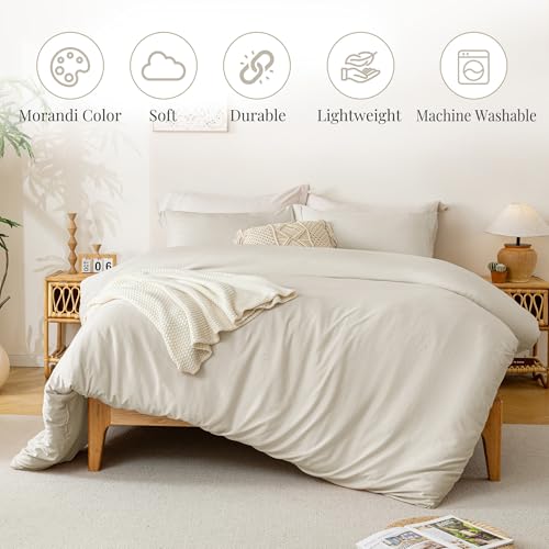 Image of MILDLY Duvet Cover 108 inchx98 inch Ultra Soft Comforter Cover Set 3pcs, Beige | Washed Microfiber Cotton-Like, Breathable Comfort, Hidden Zipper, 8 Corner Ties, OEKO-TEX Certified, Fade Resistant