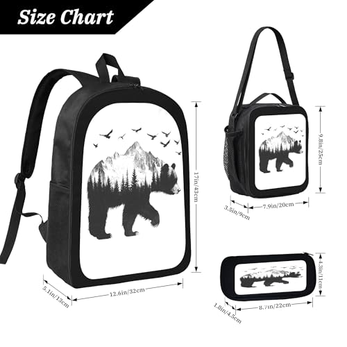 3PCS Backpack for Women & Men Forest Animal Bear Bird Adjustable Back Pack with Lunch Bag and Pencil Case Lightweight Casual Daypack Laptop Rucksack for Travel Work Camping Outdoor3