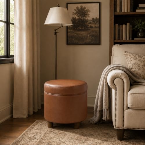 Image of HomePop 19 inch Round Storage Ottoman - Chestnut Brown Faux Leather