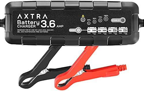 AXTRA 6V and 12V Car Battery Charger, 3.6-Amp Fully-Automatic Smart Battery Maintainer for Car, SUV, Truck, Motorcycle, Boat, RV, Lawn Tractors, ATV - (Lead Acid, AGM, Sealed, GEL, SLA, Flooded)