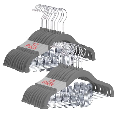Image of Wellong Baby Clothes Hangers with Clips, 24 Packs Kids Velvet Clothes Hangers, Heavy-Duty Childrens Hangers, Storage Organizer Clothing Hangers for Shirts, Pants, Skirts, Dresses, Jackets, Coat Gray