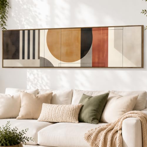 Image of Large Canvas Painting Panel Framed Wall Painting Abstract Geometric Circle Framed Luxury Paintings for Home Decoration, Living room, Bedroom and Office Decor (Beige, 13x47 Inch)
