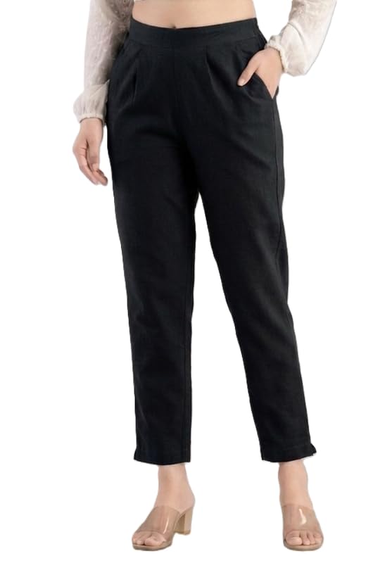 Image of Solid Cotton Woman Trousers Pants Regular Fit Kurti Pant with Drawstring Daily Office Formal Casual Use