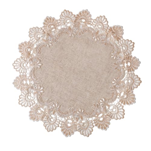 European Antique Jacquard Lace Table Doilies,Small Farmhouse Linen Embroidered Table Topper Scarf Place Mat RusticTable Cover (Flower Shape, Diameter 23.5Inch)