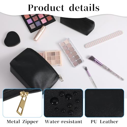 2 Pack Small Leather Makeup Bag for Purse, Portable Cosmetic Bags for Women PU Leather Travel Makeup Pouch with Zipper (Black)3