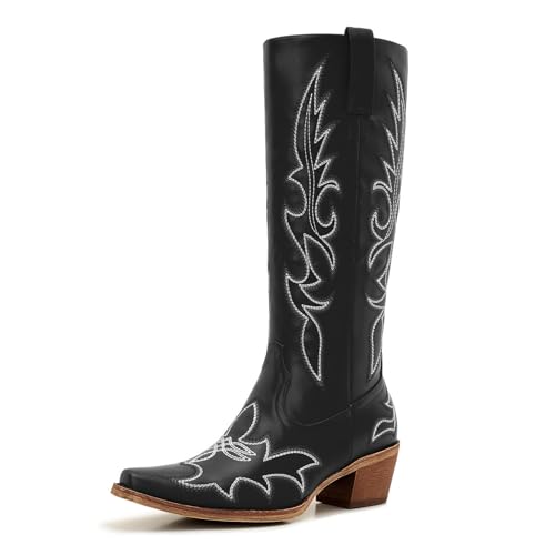 Image of Uillnoodu Women's Turquoise Cowgirl Boots - Wide Calf Mid Calf Western Boots Plus Size Embroidered Cowboy Style with Block Heel
