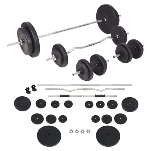 vidaXL Barbell and Dumbbell Set - Versatile 198.4 lb Weight Training Set, Adjustable Cement Plates, Full Home Gym Equipment, Includes Star Locks and Other Accessories