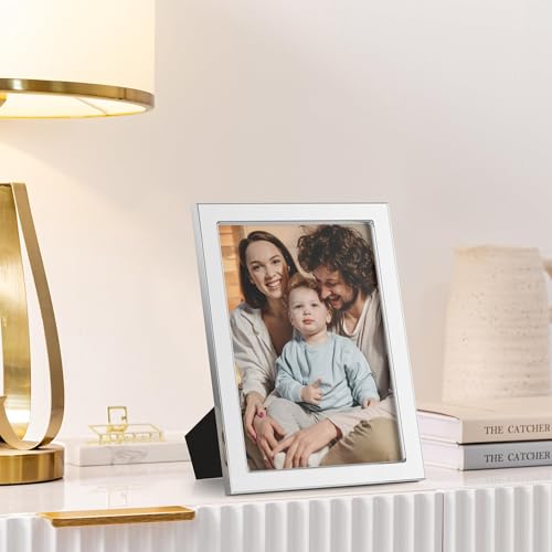 Image of eletecpro 5x7 Enamel Picture Frame with Real Glass Cover, Cute Photo Frame with Silver Metal Edge, Horizontal and Vertical Display Pictures 5 by 7 for Tabletop and Wall Decor, White, 1 Pack