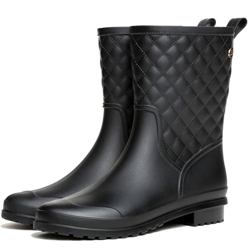 Lvptsh Botas de Lluvia Mujer Boots de Goma de Moda Botas de Agua Zapatos de Lluvia Impermeable Caucho de Botines,Negro,EU39