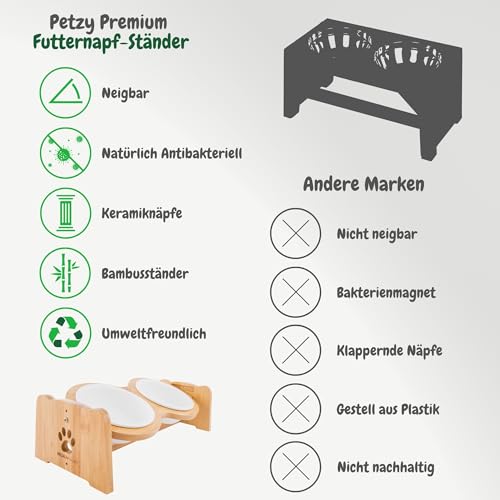 Petzy Premium Hundenapf Keramik oder Katzennapf, 700 ml pro Napf | Höhenverstellbar, Perfekter Futternapf für Hund und Katze | Näpfe mit Futterstation aus Bambus