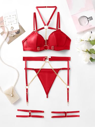 Image of SSoShHub Pu Leather Strappy Wirefree Garter Belt Lingerie Bra Panty Set with G String and Thigh Belts for Women Girl with Panty