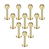 Ruifan 10PCS 16G Gold Plated 316L Stainless Steel 3mm Ball Labret Monroe Lip Ring/ Tragus/ Helix/ Cartilage Earring Stud Barbell,6mm Bar Length Body Piercing Jewelry