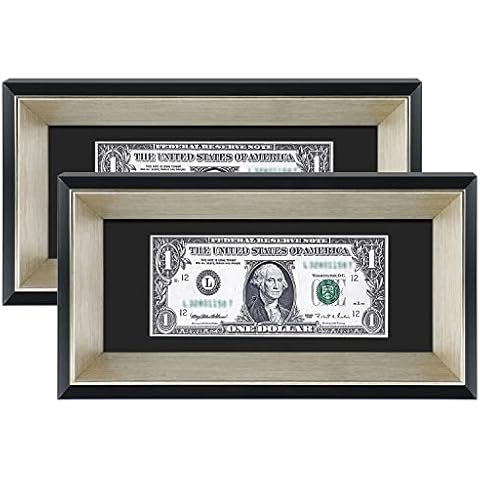 Space Art Deco, Black Dollar Bill/License Holder Frame with Silver Beveled Edge with Black Mat - Easel Stand/Wall Mount - Sawtooth Hangers - Glass (4x9, 2-Pack) Cover