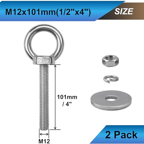 Image of 2 Pack M12 Eye Bolts with Nuts, 304 Stainless Steel 1 /2 inch x 4 inch Heavy Duty Lifting Eye Bolts, Metric M12x102mm Ring Eye Bolt for Hanging, Tie Down, Outdoor & Hardware Fixing (2, 1 /2 inchx4 inch)