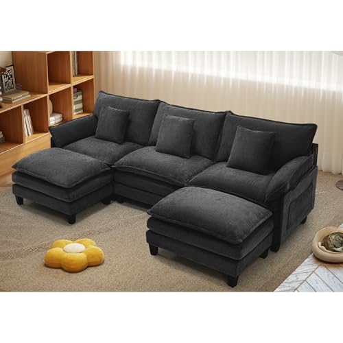 Image of Cloud Couch, 106 inch Modular Sectional Sofa with Movable Ottoman, U Shaped Modern Sofa with Pillows, Deep Seat Couches for Living Room, Bedroom and Apartment, Comfy Couch, Black