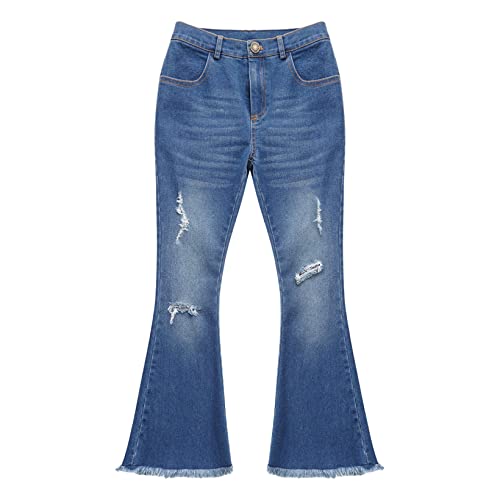 Janjean Kids Girls Elastic Waist Slim Fit Bell Bottom Denim Pants Casual Distressed Ripped Stretch Skinny Flare Jeans Blue 10 Years #TOP5