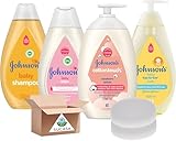 Newborn Essentials 4pcs Bundle: Johnson's Head-to-Toe Baby Wash, Baby Lotion, Baby Shampoo, Cotton Touch Newborn Face & Body Lotion + 2x Baby Sponges Sucasa