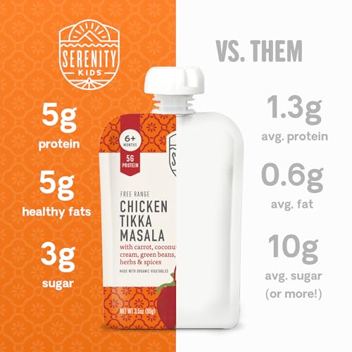 Image of Serenity Kids 6+ Months World Explorers Baby Food Pouches Puree Made With Ethically Sourced Meats & Organic Veggies | 3.5 Ounce BPA-Free Pouch | Chicken Tikka Masala | 1 Count