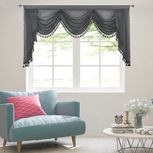 Oyring Waterfall Sheer Window Valances For Living Room Tassels Swag Curtain Valance For Bedroom Rod Pocket Valance Curtains (Grey, W89 Inch) #TOP7