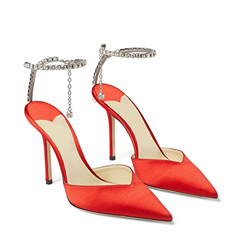 Image of LauraVicci Women's Heeled Sandals Crystal Chain Ankle Straps Rhinestones Buckle High Heels Stiletto Slip On Wedding Party Satin Dress Shoes