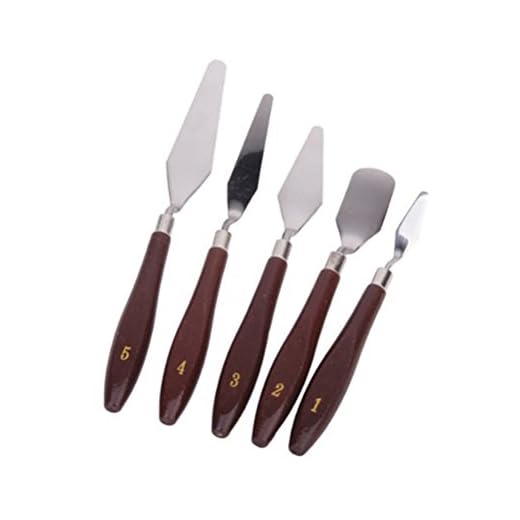 ULTNICE 5pcs Espátula de cuchillo de paleta de pintura al óleo de acero Set con mango de madera (marrón rojizo)