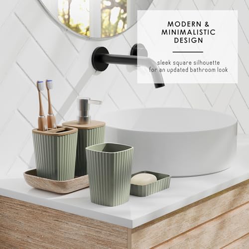 Clara Clark Bathroom Accessories Set - Bathroom Accessory Set with Shower Curtain Set, Toilet Brush, Trash Can & Soap Dispenser (Sage Green, Complete Set)