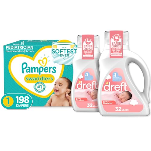 Image of Baby Diapers Newborn/Size 1 (8-14 lb), 198 Count and Baby Laundry Detergent Pack of 2 - Pampers Swaddlers, One Month Supply & Dreft Stage 1 Newborn Hypoallergenic 50 Fl Oz (Packaging May Vary)