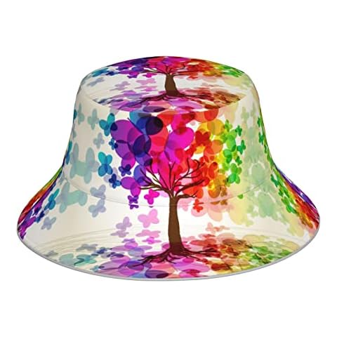XIACHUANGSM Sun hat Colorful Tree with Butterflies Printing Reflective Bucket Hat Women's Men's Sunhat Black Cover