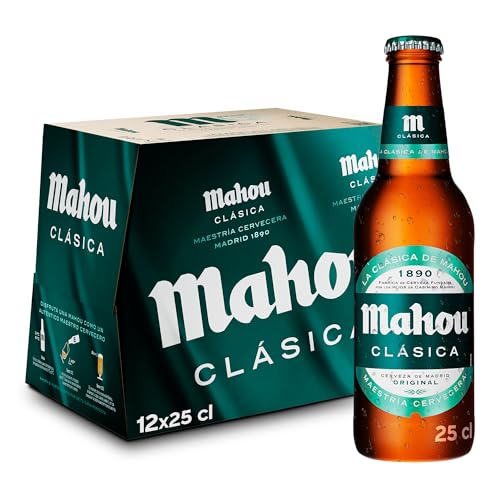 Mahou Clásica, Pack 12 Botellas x 25cl, Cerveza Dorada Lager, Auténtica Cerveza Mahou Con Sabor Suave, Refrescante y Con Espuma Consistente, 4.8% Vol. Alcohol