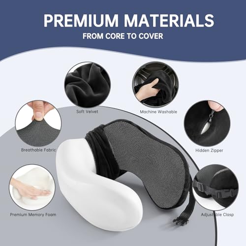 Image of Neck Pillow Travel Pillow - 100% Pure Memory Foam Airplane Pillow with Adjustable Clasp & Removable Cover, Portable Travel Essentials for Long Flights, Car & Office (Black, with Eye Mask)