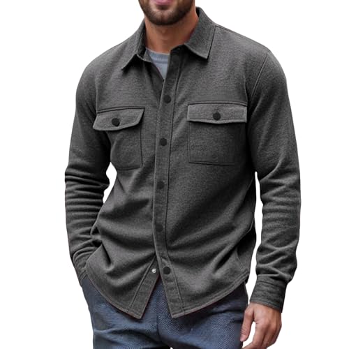 Men's Polar Fleece Shacket Casual Long Sleeve Button Down Shirt Jacket Wrinkle-Free Classic Coats with Flap Pockets