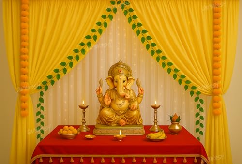 Image of Divyakosh Temple /Event Setup Items- Curtains, Cloth for Decoration Pooja with Light, Artfiicial Marigold Flowers | Decoration Setup for Haldi, Mandir, Mehendi | 11Pc Net Cloth (Yellow, White)