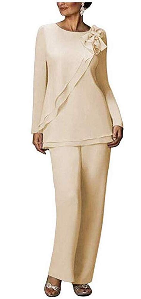 Leader of the Beauty Women's Two Pieces Outfit Wedding Formal Gowns Chiffon Pants Suits for Mother of The Bride Plus Size 16 Champagne