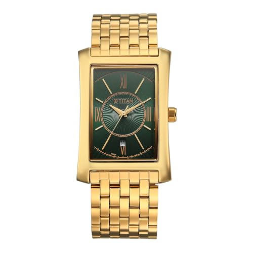 Image of Titan Regalia Allure Analog with Date and Green Dial Yellow Gold Stainless Strap Watch for Men - 10046YM03