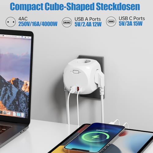 4 Fach Steckdosenwürfel, Würfel Mehrfachsteckdose mit USB,3680W Cube Steckdosenleiste, Steckerleiste mit Schalter, Verteilersteckdose Mehrfachstecker Power Cube Ladegerät für Büro Hause,1.8 M Kabel