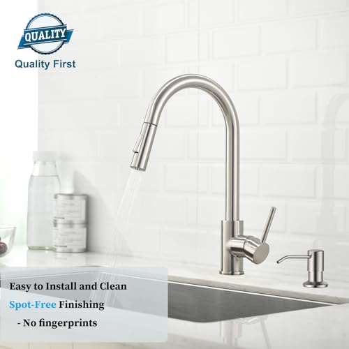 Image of Havin Brushed Nickel Kitchen Faucet with Pull Down Sprayer,High Arc Stainless Steel Material,cUPC Cartridge,with A Spare Sprayer and Soap Dispenser,fit for 1 or 2 Holes Sink