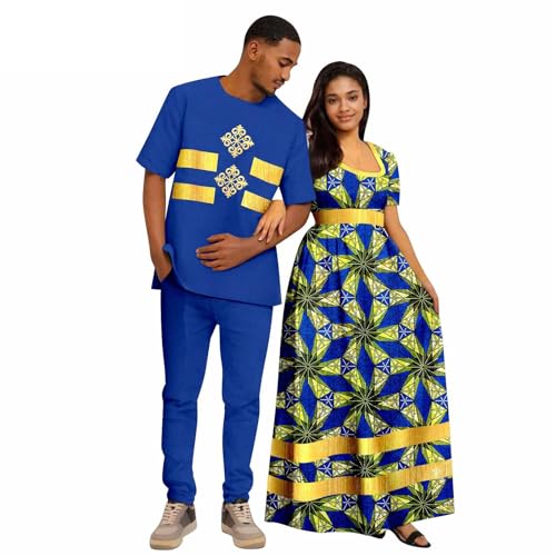 African Coupleswear Women's Print Long Maxi Dress Bazin Riche Men's Dashiki Top and Pants Set(C,Men-XXX-Large)