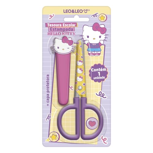 TESOURA ESCOLAR ESTAMPADA COM CAPA HELLO KITTY - BLISTER C/ 1 UND LEO&LEO