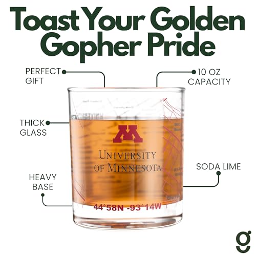 Image of Greenline Goods University of Minnesota Golden Gophers Whiskey Glasses Set of 2, 10 oz Rocks Glasses with Full-Color Logo & Campus Map - Officially Licensed Bourbon Glass Gift for Alumni & Fans