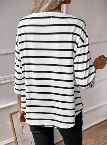 LilyCoco Womens 3/4 Length Sleeve Tops Striped Boat Neck Shirt Frenchy Cotton Tees2