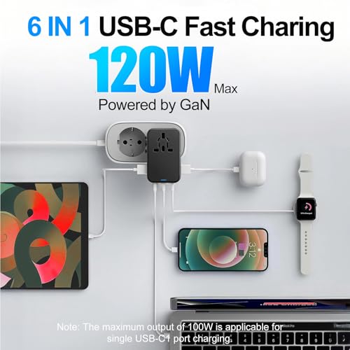 Image of JMFONE Universal Travel Adapter GaN 120W, International Power Adapter with 4 USB-C & 1 USB-A & 2500W AC Outlet, Travel Charger for Europe UK US AU 200+ Countries, Fast Charging Laptops Tablets Phones