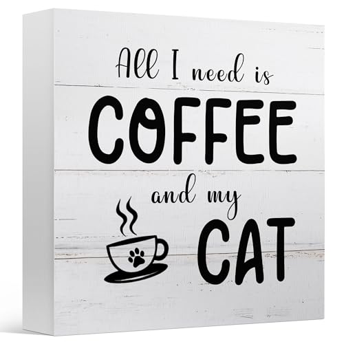 Zyzmasm Rustic Coffee Lover Gift for Home Kitchen Decor, All I Need is Coffee and My Cat, Wooden Sign 5x5 Inches