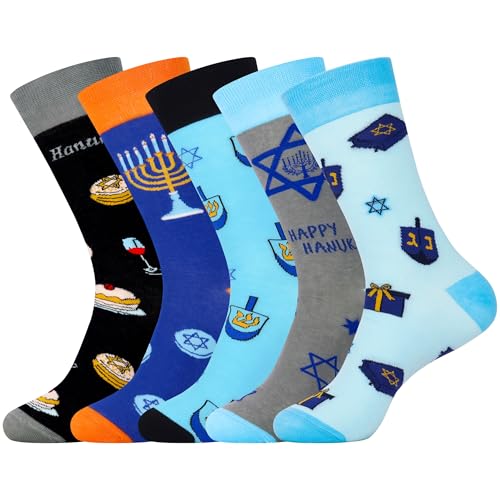 Jeasona Mens Funny Fun Crazy Funky Dress Crew Socks Gifts for Men Dad Grandpa (Multicolored Hanukkah Gifts 5 Pairs)