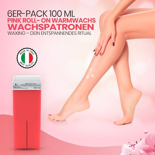 DERMAWAX 6 x 100 ml Roll-On Wax Nachfüllset - Warmwachs Wachspatronen für empfindliche Haut- ideal für Achseln Beine Rücken Arme Waxing– Cremige Konsistenz Wachs (600 ml, Pink)