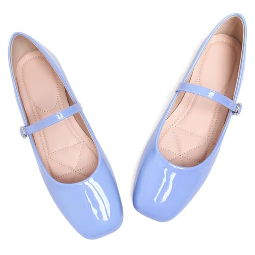 LUXINYU Women Mary Jane Flats Patent Leather Square Toe Adjustable Buckle Strap Ballet Party Dress Shoes