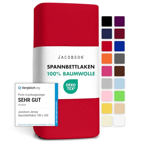 Jacobson Jersey Spannbettlaken Spannbetttuch Baumwolle Bettlaken (140x200-160x200 cm, Rot)