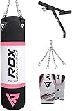 RDX Women Punching Bag 4PC Filled Set Pink Ladies Kick Boxing MMA Training Gloves Punch Mitts Hanging Chain Wall Bracket Muay Thai Martial Arts 4FT