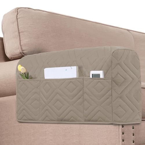 2 Pack Armchair Covers for Arms, Chair Arm Covers, Sofa Armrest Organizer, Breathable Waterproof Couch Remote Holder with 3 Large Pockets, 4-Sided Surround Storage for Phone Book Magazines (Khaki)