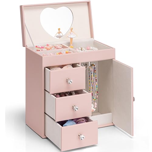 Vlando Girls Jewellery Box, 4 Layer Music Box with Ballerina, Gift for Girls, for Birthday Gifts (Pink