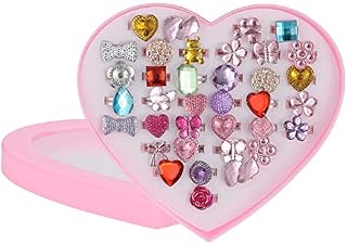 FRIUSATE 36pcs Adjustable Rings Set for Little Girls, Girls Crystal Jewelry Rings Princess Jewelry Finger Rings with Heart Shape Box, Dress up Rings for Kids Children Birthday Party Supplies